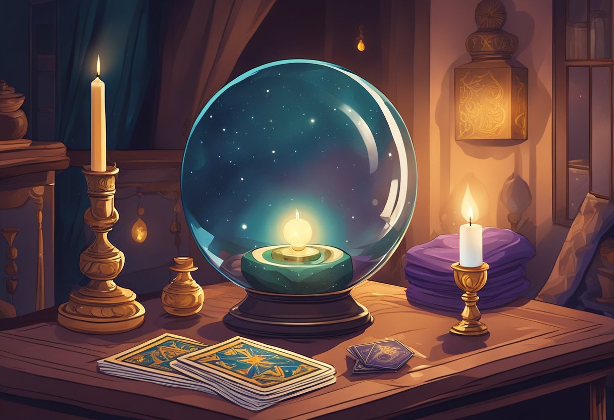 A cozy room with a crystal ball, tarot cards, and incense. A table with a velvet cloth and a candle flickering in the dim light