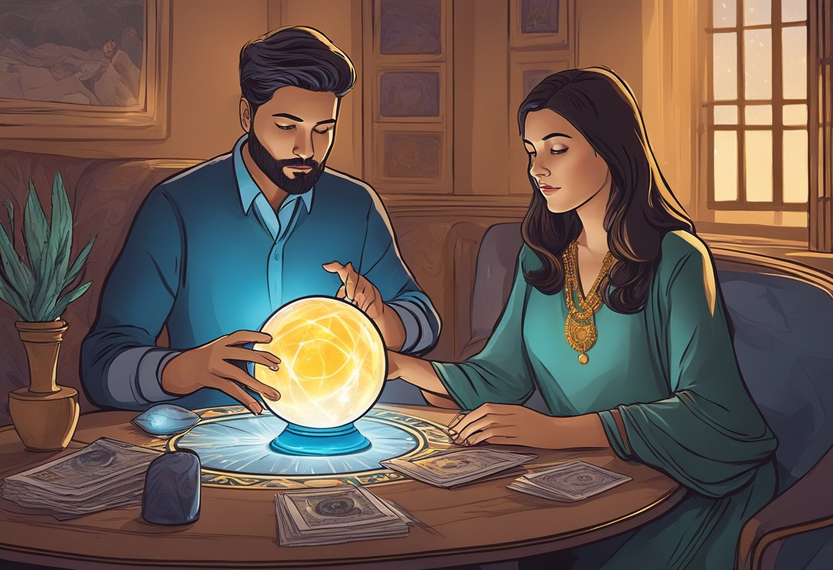 A person sitting across from a psychic, receiving career guidance through tarot cards and crystal ball. The psychic's intense focus and the client's hopeful expression convey the importance of the moment