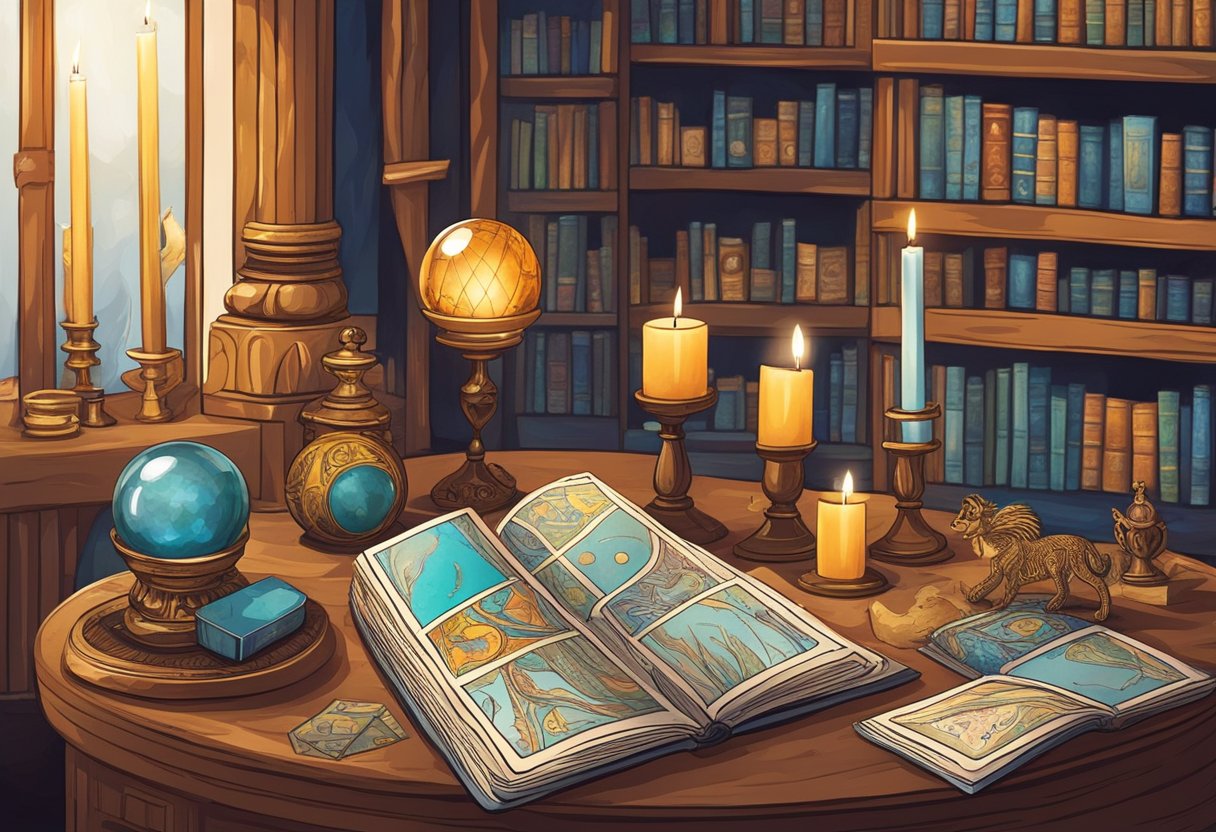 A table with tarot cards, crystal ball, and candles. A bookshelf filled with astrology and palmistry books. A serene, mystical atmosphere
